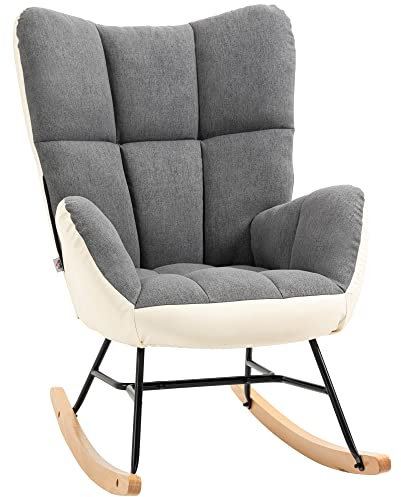 HOMCOM Rocking Chair for Nursery, Upholstered Wingback Armchair with Steel and Wood Legs for Living Room, Bedroom, Balcony, Grey and Cream