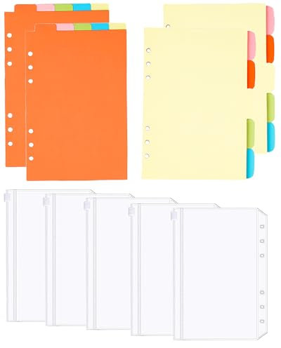 20 Stück Ordner Trennblätter,5 Stück 6 Löcher Binder Reißverschluss Taschen, Ordner Register A5 Index ​Teiler für Ringbuch Planer Notizbuch