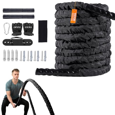 VEVOR Battle Rope Trainingsseil, Übungsseil, Schlachtseil 9,1 m Länge, Polyester-Trainingsseil mit Schutzhülle und Anker, Schlagseil für das Heim-Fitnessstudio, Körpertraining, Rumpfkrafttraining