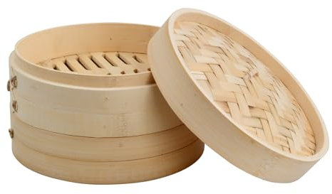 YILANJIN Bamboo Steamer Basket 21cm, 2 Tiers with 1 Lid, Round Bamboo Steamer, Food Steamer Basket, Steam Baskets for DimSum Dumplings, Rice, Vegetables, Fish and Meat (Beige)