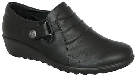 Cushion Walk Women's Wide Fitting EEE Fit Shoes, Ladies Lightweight Black Faux Leather Slip-on Flats, Casual, Work, Office, Comfort