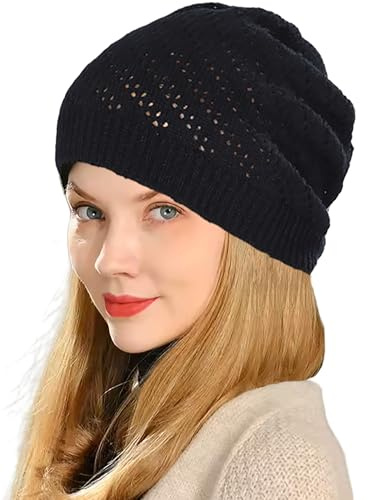 Thin Crochet Beanie Hat for Women Summer Winter Fall Mesh Slouchy Knit Hats Lightweight Crochet Caps Black
