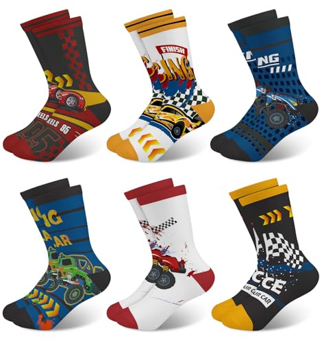 Queenshin 6 Pares Calcetines Niños Infantiles Patrón de Camión de Ingeniería Genial Calcetín Crew Transpirables Regalos 9-14 años Tamaño 32-38