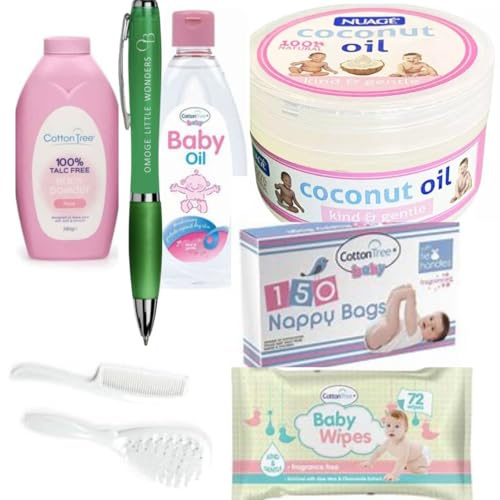 Komplett Baby Essentials Kit | 8 st nyfödd baby bad och hudvårdsset med babyolja, bomullsträd babyservetter och mer inkluderar Omoge Young Wonders penna