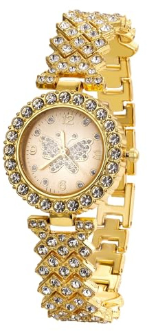Halukakah Diamonds Gold Watch Iced Out for Girl Teens Kids - 18K Real Gold Plated, 29mm Butterfly Pattern Dial, Japanese Quartz - 7.7 Length - for Birthday, Parties