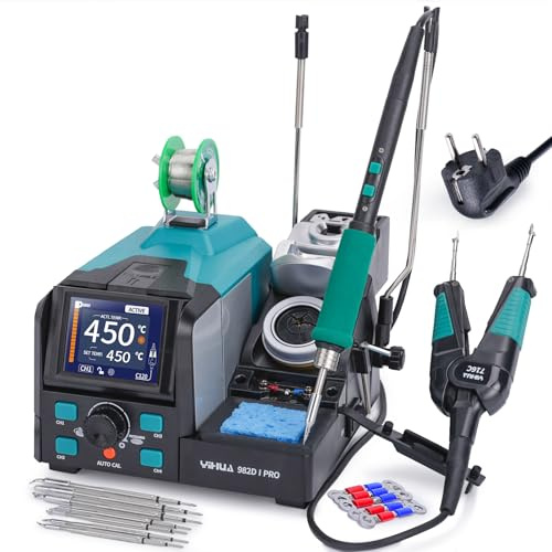 YIHUA 982D-I PRO Stazione di Saldatura 2-in-1 con Microsaldatore di Precisione, Pinzette Calde, 10 Cartucce a Punta, Interfacce Operative Individuali, Doppio Supporto, 4 Canali Preimpostati (EU Plug)