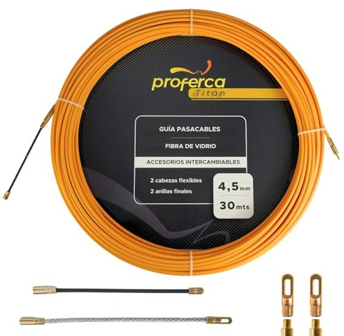 PROFERCA Guia Pasacables Profesional de 4.5mm y 30 Metros de Fibra de Vidrio Reforzada | Terminales Intercambiables | para Grandes tuberías | Especial Jardines