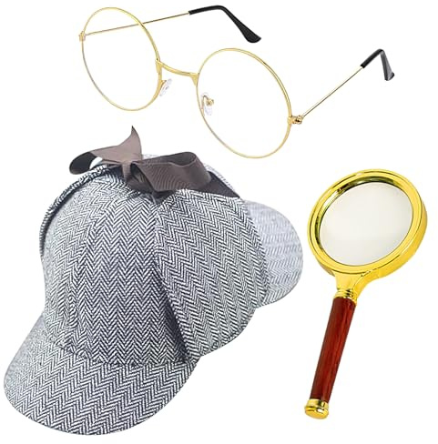 Geonoy Set di per travestimento da detective, per adulti, con cappello e occhiali, lente d'ingrandimento, per cosplay per bambini e adulti, Halloween, Natale, spettacoli teatrali