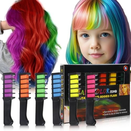 Ensemble de 6 couleurs de craies pour cheveux, colorant temporaire lavable, ensemble de craies pour cheveux sûr et non toxique, brosse colorée portable, kit de coloration pour Halloween Noël