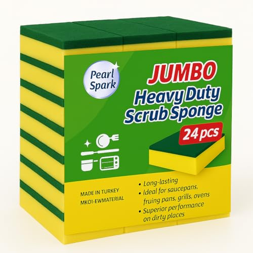 24 Pack Pearl Spark Jumbo Heavy Duty Scrub Sponges | Extra Large Cleaning Pads for Kitchen, Dishes, Pans & Commercial Use | Dual-Layer Green & Yellow Non-Scratch Sponge