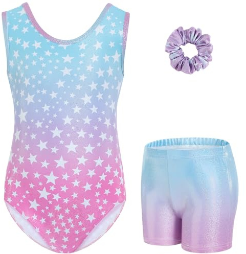 Gogokids flickors tredelade gymnastikset, ärmlösa trikåer med shorts och hårband, glittrande balettdansande träningsdräkt – gymnastikoutfit med gradientfärgsdesign för 3-12 år, 100(90-100 cm,3-4Y)