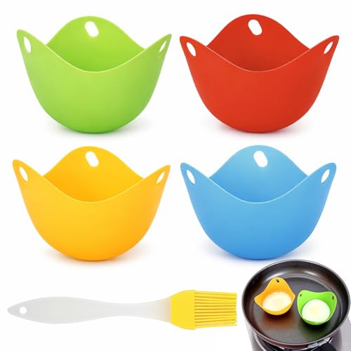 Juego de 4 Moldes Escalfadores de Huevos de Silicona con Pincel de Aceite, Accesorios para Freidora de Aire, Microondas y Cocina, Sin BPA y Antiadherentes