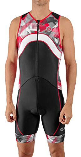 SLS3 Costumes de triathlon pour homme – Combinaison de triathlon Premium FX pour homme à séchage rapide – Sans manches – Kit de triathlon pour homme (Black/Red Geo, S)
