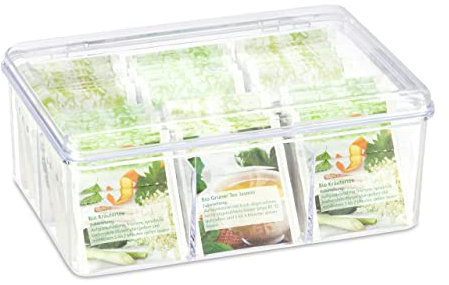 Relaxdays 2 x Teebox, je 6 Fächer, 90 Teebeutel, Teedose mit Klappdeckel, Aromaschutz, HxBxT: 9 x 21,5 x 14,5 cm, transparent