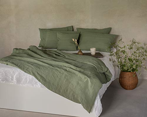 Ger3as Juego de Ropa de Cama de Puro Lino 100% Lino Lavado A La Piedra Natural (Verde, 200 x 200 cm, 2St. 80 x 80 cm)
