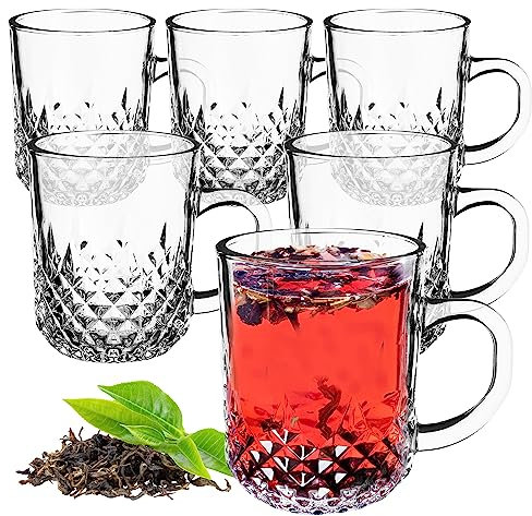 KADAX Tazas de Cristal 230ml, Vasos de Vidrio Transparente con Asa para Café, Té, Capuchino y Bebidas Calientes, Aptos para Lavavajillas (Juego de 6)