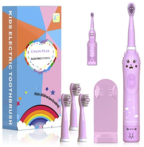 Spazzolino elettrico sonico per bambini, spazzolino ricaricabile per bambini, spazzolino sonico per ragazze dai 3 ai 12 anni con promemoria 30s, timer 2 minuti, 6 modalità, 4 testine con supporto