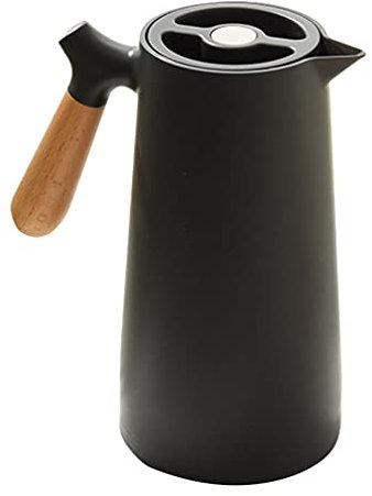 Tomaibaby Thermal Teapot: 1L Double Wall Vacuum Coffee Pot with Wooden Handle - Black Thermal Carafe - Insulated Teapot for Keeping Hot Coffee, Tea and Beverages