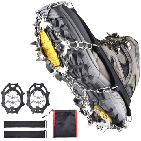 Azarxis Crampons Ice Traction Cleats Snow Grips for Boots Shoes with Anti Slip 24 Stainless Steel Spikes for Walking Climbing Hiking Ice Fishing for Men Women Kids (Black - M)