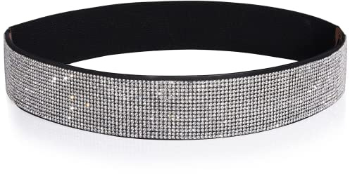 YooAi Cintura elastica in pelle PU con strass cintura in vita elastica in cristallo lucido cintura larga per abito da donna, Nero , L vita 36-39