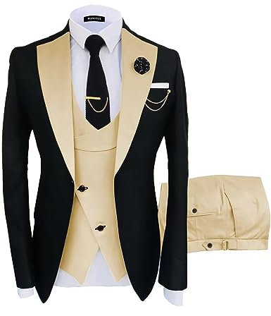 Wangyue 3 Piece Mens Tuxedo Suit Slim Fit Prom Tuxedo Black Champagne Suit Wedding Suits for Men Prom Dinner Party, 2XL