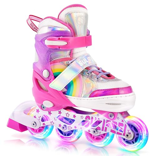 SULIFEEL Rainbow Unicorn Inline Skates for Girls Boys 4 Size Adjustable Light up Wheels Skates for Kids Beginner Pink Medium
