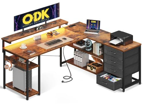 ODK Gaming Hörnskrivbord med LED och 4 Lådor, 135x110cm, Brun | Reversibelt L-format Gamingbord med Hylla, 2 USB och 2 Eluttag, Monitorställ, Krok för Hemmakontor och Spelare