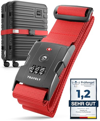 TRAVELY Koffergurt mit TSA Schloss - Einfach verstellbar & robust - Inklusive Namensschild - Passend für Handgepäck bis Übergröße I Kofferband Gurt, kofferband mit Schloss, kofferband auffällig