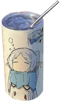 Xinchangda Frieren Trinkbecher 480 ml, Anime-Motiv Frieren: Beyond Journey's End, Thermobecher aus Edelstahl, mit Strohhalm, für Reisen, Schule und Büro