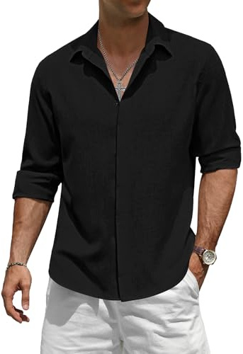 TARAINYA Camisa Lino Hombre Manga Larga Verano Casual Regular Fit Botones Ocultos Negro L