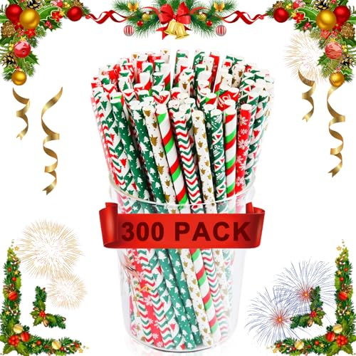 300 Piezas Pajitas de Papel de Navidad, Pajitas de Colores con Impresión Navideña, Pajitas Navideñas para Fiestas, Cumpleaños, Bodas