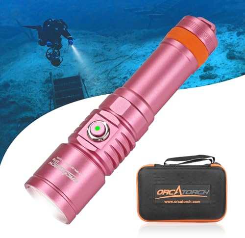 ORCATORCH Lampada subacquea D710, 3000 lumen, torcia subacquea con raggio stretto di 6 gradi, IP68, impermeabile, con indicatore della batteria (rosa)