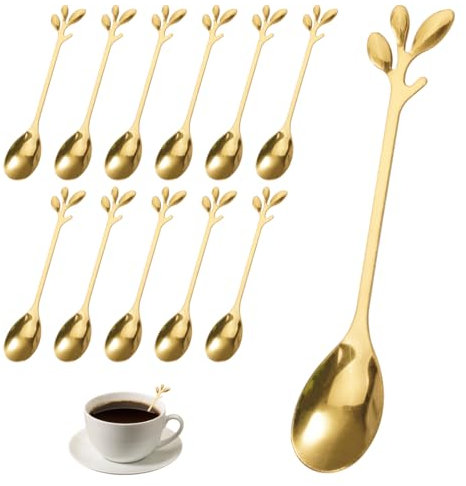 12 Piezas de Acero Inoxidable en Forma de Hoja Cucharas de Cafe Pequeñas, 12 cm Cuchara de Acero Inoxidable, Oro Mini Cucharillas Postre, Cucharilla Cafe Dorada para El Agua, Té, Leche, Postre