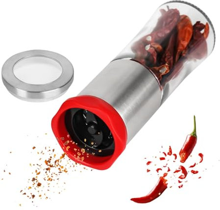 Trendecor Macina peperoncino, 150 ml macina pepe con coperchio protettivo in acciaio inox e vetro per spezie grossolane e peperoncino, anche come macinaspezie rosso