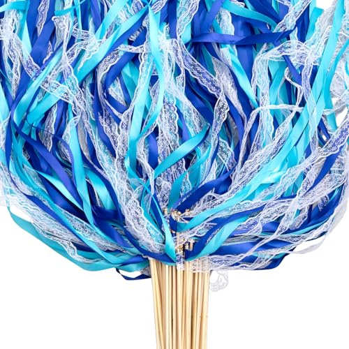 Taiyin 150 Pcs Lace Ribbon Stick Wands Wedding Wand Streamers with Bell Wedding Send Off Streamer(Dark Blue,Light Blue)