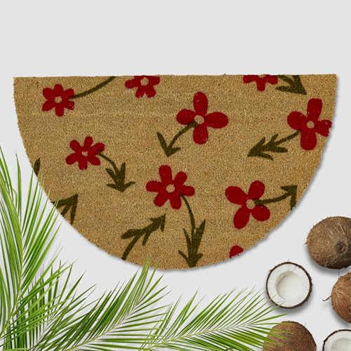 Astra Paillasson Fleurs Rouges Coco 50 x 80 cm Demi-Cercle Naturel - Tapis Coco pour l'extérieur et l'intérieur - Paillasson antidérapant et très résistant