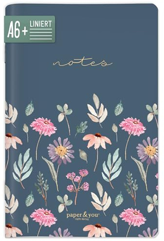 paper&you® Cahier de notes A6+ ligné Flying Flowers de 64 pages, petit carnet à couverture souple, mini journal - durable & respectueux du climat