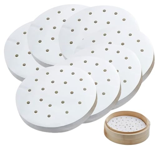 FortuneGlobe 200pcs de papel perforado 25.5cm de bambú para cocinar al vapor y al vapor, 8 pulgadas de papel de pergamino antiadherente como papel dim sum, freidora de aire