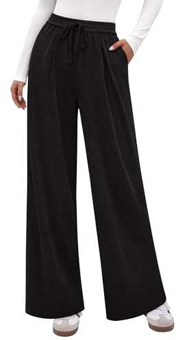 PRETTYGARDEN Women's Wide Leg Pants 2026 Fall Clothes Elastic High Waisted Knit Lounge Palazzo Pant Trousers with Pockets (Black,Medium)