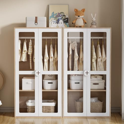 REXO Armario infantil de 160 × 50 × 150 cm, puerta doble de cristal, con barra de plancha, combinación de 2 unidades, color blanco + color madera natural, paneles lacados + aglomerado