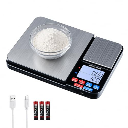 Mcbazel Báscula digital de cocina con doble plataforma, recargable, báscula de precisión 10 kg/1 g y 500 g/0,01 g, USB y batería, acero inoxidable, incluye función PCS y tara, color plateado