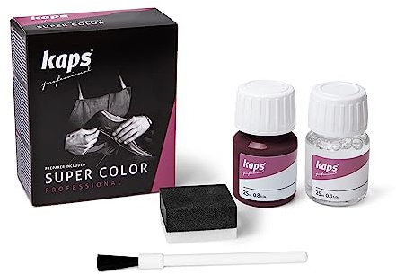 Kaps Tinta Super Color + Preparatore (25 ml ognuno), Colorante Professionale per Pelle Naturale, Tela, Ecopelle, Nutre e Ripara le Scarpe in Pelle (111 - Bordeaux)