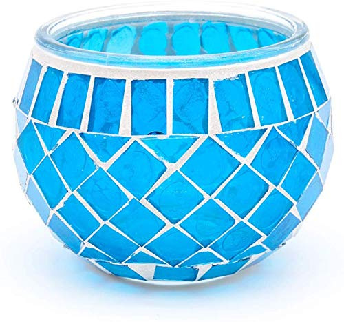 Vintage Mosaic Glass Candle Jar Holders - Romantic Tea Light Candle Holders for Home Decoration - Upto 8 Hour Burn Blue Tea Light Candles