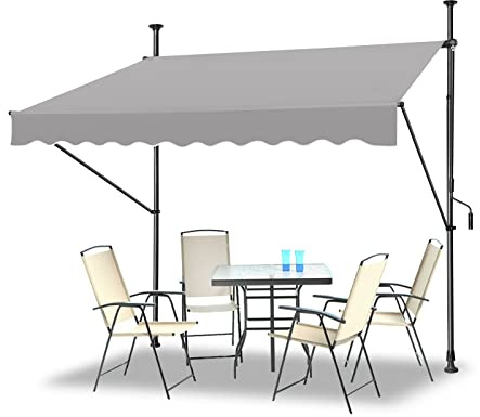 LZQ Klämmarkis för balkong, markis, infällbar, manuell, handvev, höjdjusterbar, UV-beständig, utan borrning, 100 % polyester, 350 x 120 cm, grå