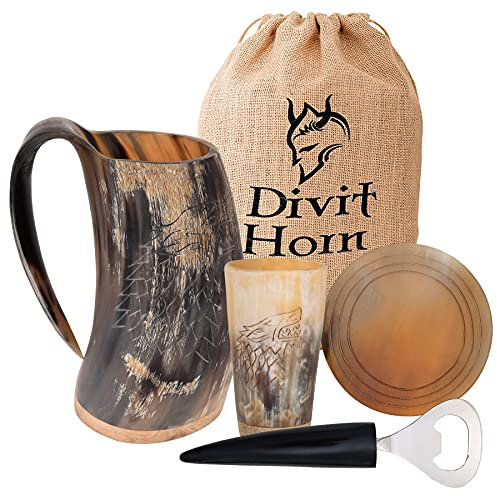 Divit Corne Viking Authentique | La chope de bière archaïque | flair royal; Boire dans une vraie tasse en corne de bœuf. (Fenrir | Natural, 650-700 ml)