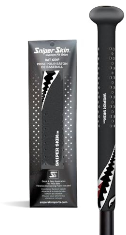 Sniper Skin Baseball Heat-Activated Bat Grip, Easy Install Tacked Non-Slip for Baseball & Softball Sports, Custom Fit Wrap that Lasts Up to 3 Times Longer - Black Tiger Shark