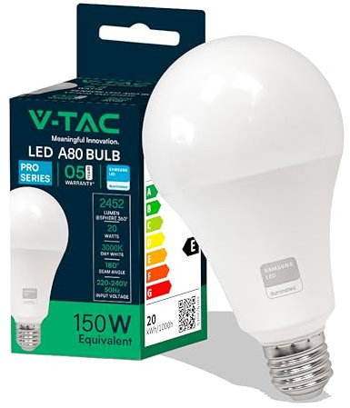 V-TAC VT-233 Lampadina LED A80 con Attacco Edison E27, 20 W (Equivalenti a 150 W), 2452 Lumen, 220-240 V, 50 Hz, Luce 3000K Bianca Calda, 80 x 155 mm