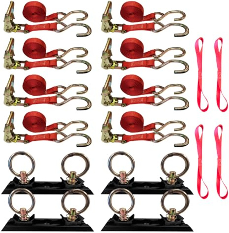 Mega Cargo Control S Hook Ratchet Straps, 1 x 15' Heavy Duty Securing Straps, 833 LBS Load Capacity | Utility Tie Downs for Cargo, Appliances, ATV, Motorcycle - 8 Set Bundle; Red