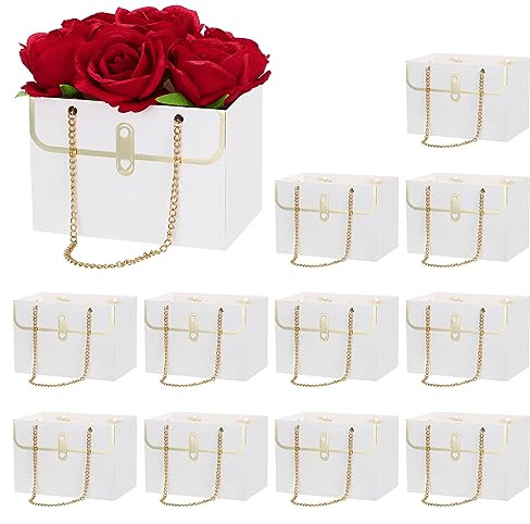 PATIKIL Flower Gift Box, 12 Pcs Paper Bouquet Flower Gift Bag with Handle Rectangle Metal Chain Tote for Florist Wedding Party Birthdays Day Bridal Shower, White