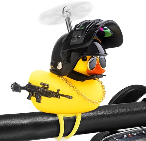 wonuu Rubber Duck Bike Bell, Squeeze Ducks with Helmet for Cycling Car Dashboard Decorations Motorcycle Bicycle Accessories (Silver-Black)